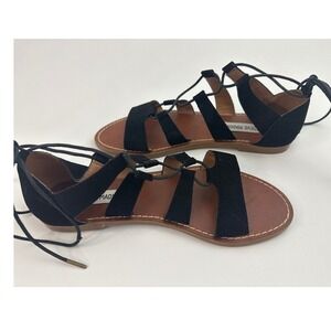 Steve Madden Gabriela Lace Up Gladiator Sandals Black Strappy Flats‎ 6.5 Shoes